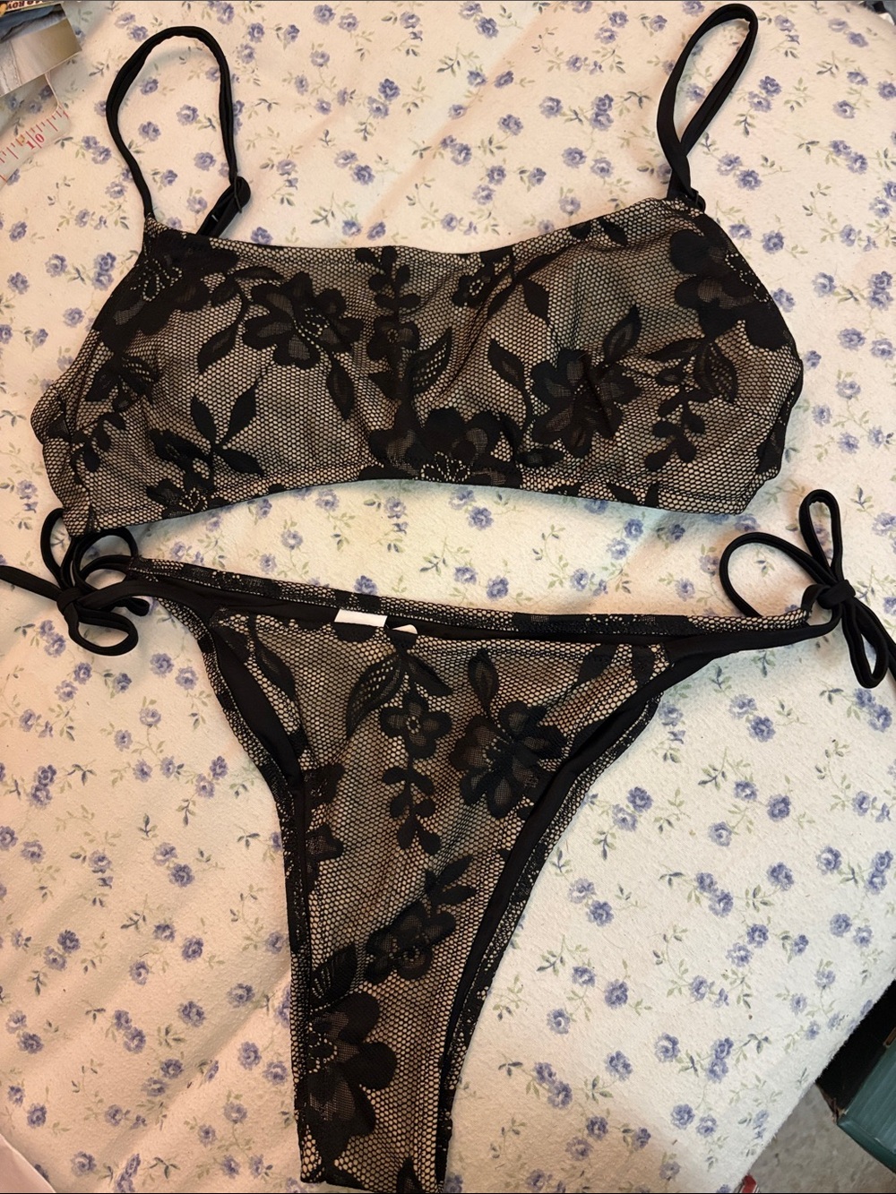 NWT aerie Black Floral Mesh Bikini Set